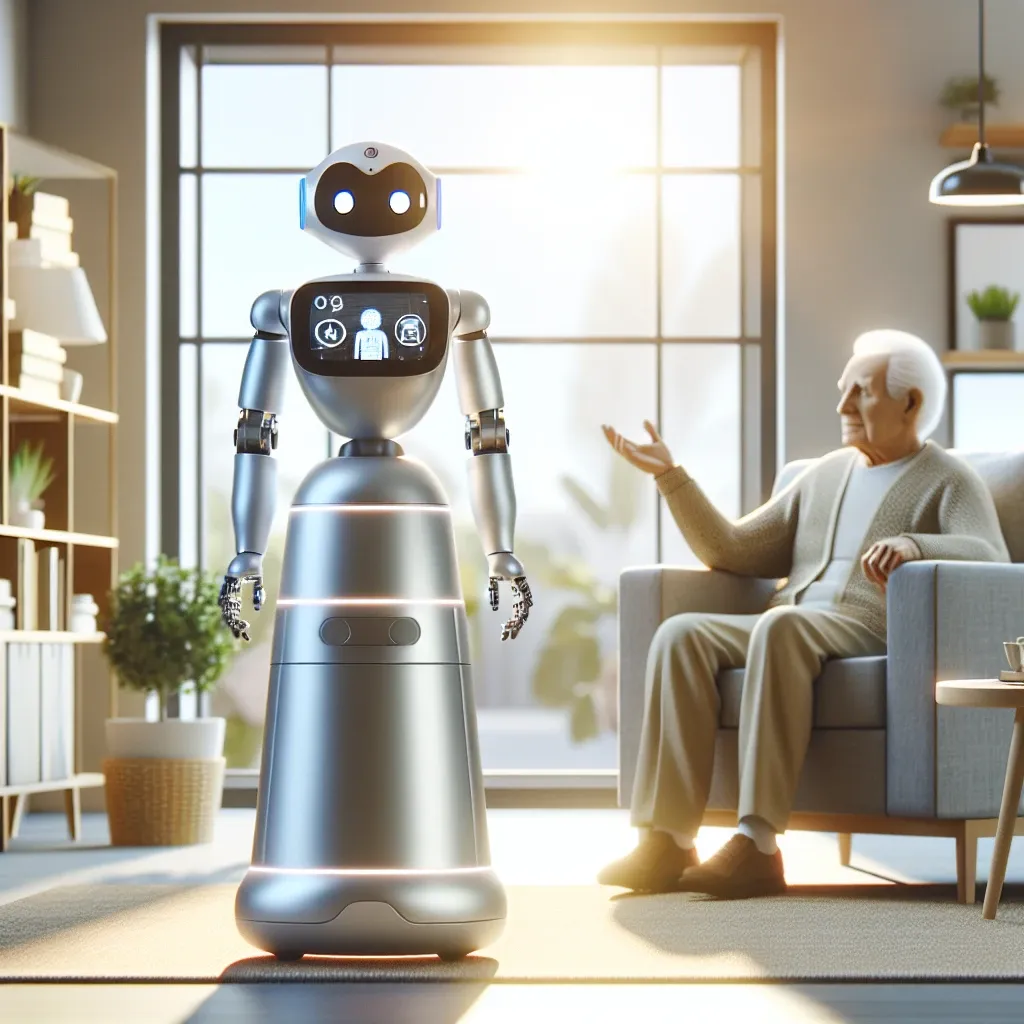 "Robô doméstico assistente projetado para idosos, mostrando tecnologia avançada de cuidados e suporte, em uma sala de estar moderna, ilustrando inovações de startups no setor de robótica apropriada para a terceira idade."